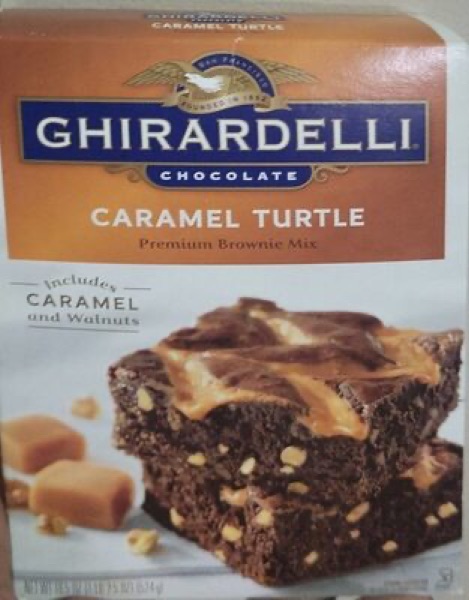 Ghirardelli Premium Brownie Mix, Caramel Walnut Turtle package